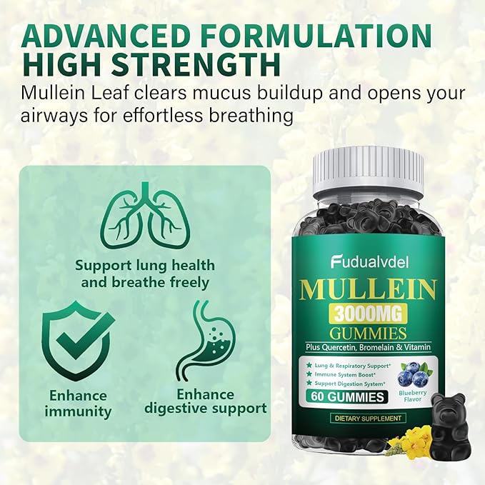 2 Packs 3000MG Organic Mullein Gummies for Lung Mullein Leaf Extract for Lungs - Quercetin Bromelain for RespirationImmune and Digestive Support 120 Count Blueberry Gummys