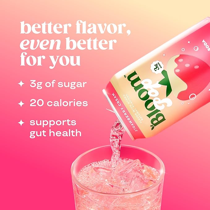 Bloom Pop Prebiotic Soda 12 Pack Strawberry Cream Flavor 12oz Cans | Prebiotic Soda for Gut Health Low Calorie Soda No Caffeine Healthy Soft Drink Alternative