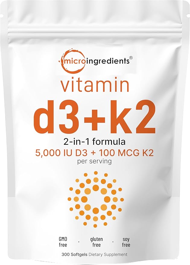 Micro Ingredients Multi Collagen Protein Powder 16oz &amp Vitamin D3 5000iu + K2 100mcg Softgels Bundle 2 Pack | Grass-Fed Collagen Peptides | Essential Sunshine Vitamins