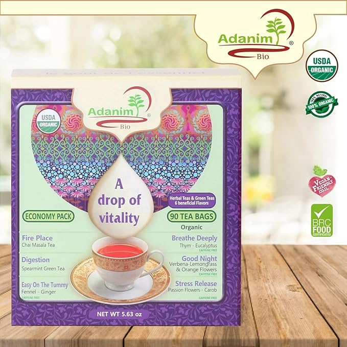 Adanim Bio A Drop of Vitality Organic Tea Sampler Variety Pack Gift Box Assorted Flavors of Green &amp Herbal Tea Gift Set Assortment 6 Flavors 90 Individually Wrapped Tea Bags Kosher Holiday Gifts