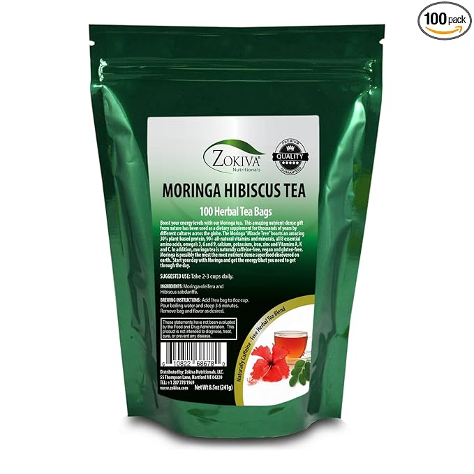 Zokiva Nutritionals - Moringa Hibiscus Tea 100 Bags With Premium Organic Moringa – Nutritious Tasty and Naturally Caffeine-Free – In Resealable Zip Pouch