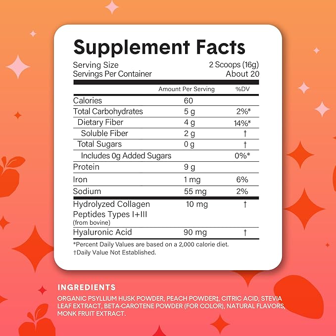 Bellway Super Fiber Powder + Collagen Sugar-Free Psyllium Husk Powder with Collagen Peptides and Hyaluronic Acid for Digestive Health Healthy Skin Nails Bones &amp Joints Peach Mango (20 Serving