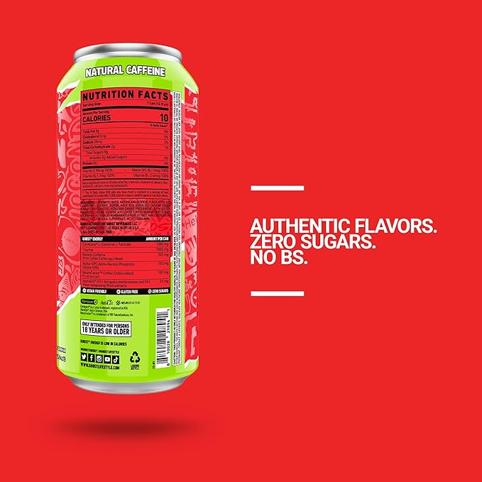 GHOST Energy Drink - 12-Pack Cherry Limeade 16oz - Energy &amp Focus &amp No Artificial Colors - 200mg of Natural Caffeine L-Carnitine &amp Taurine - Gluten-Free &amp Vegan