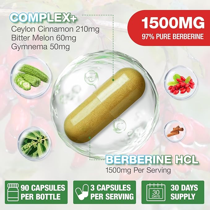 Berberine Supplement 1500mg - Premium Berberine HCl 97% Purity Berberine Plus Pure Ceylon Cinnamon High Potency Berberine for Men Women Non-GMO Vegan 2Pack