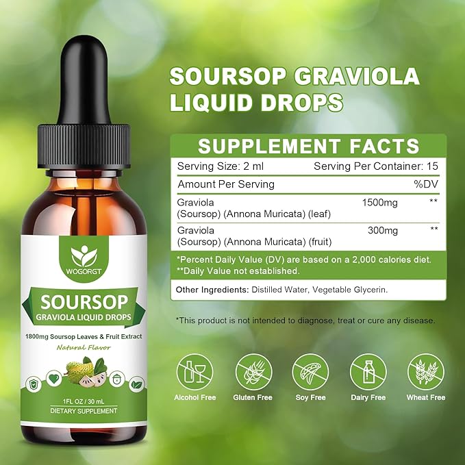 (4 Pack) Soursop Graviola Bitters Liquid Drops - Cell Support &amp Regeneration Immune Support Antioxidant 1800mg Soursop Extract High Absorption Sour sop Liquid Drops Natural Flavor 1 Fl Oz