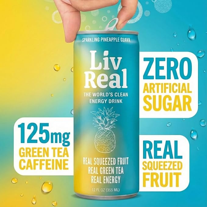 LivReal Clean Energy Drink – Organic Green Tea Caffeine 125mg + L-Theanine 100mg – Real Fruit No Sweeteners or Flavorings – Vitamin C &amp B Complex – Sparkling Pineapple Guava Water – 12 Pack 12 f
