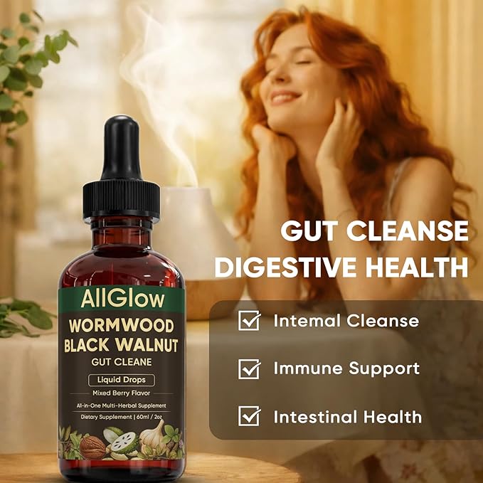 AllGlow Wormwood Black Walnut Gut Cleanse Black Walnut Wormwood Gut Cleanse with Soursop Pumpkin Seed PAU D'arco Gut Health &amp Absorption 60ml/2oz