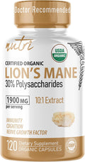 Nutri Organic Lions Mane Supplement Capsules - 1900 mg 10:1 Dual Extraction 120 Count - Certified Organic Mushroom Extract (Fruiting Body) - Third Party Tested - Cognitive Support Heart Health