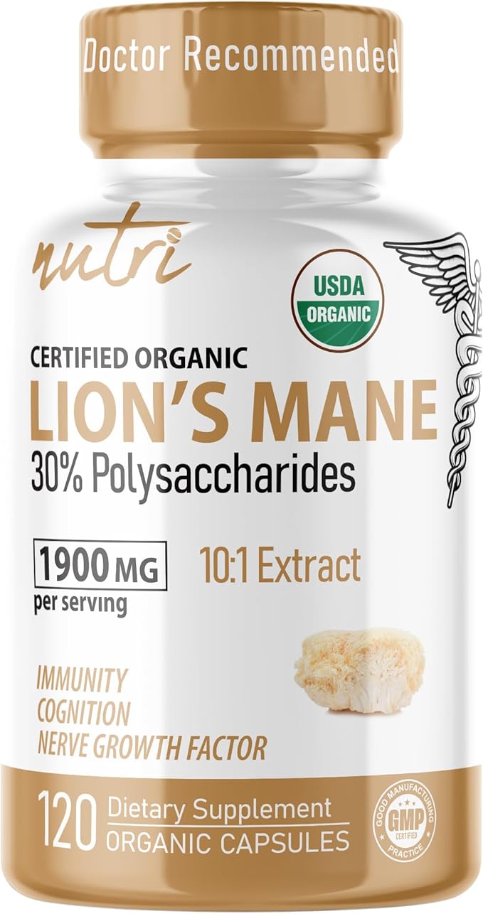 Nutri Organic Lions Mane Supplement Capsules - 1900 mg 10:1 Dual Extraction 120 Count - Certified Organic Mushroom Extract (Fruiting Body) - Third Party Tested - Cognitive Support Heart Health