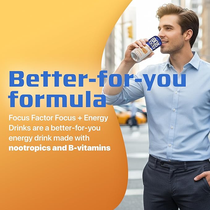 Focus Factor Energy Drink - 12 x 355ml Cans (Orange Flavour) - with Focus + Energy - Lightly Carbonated Sugar Free Low Calorie with Vitamin B6 &amp Vitamin B12