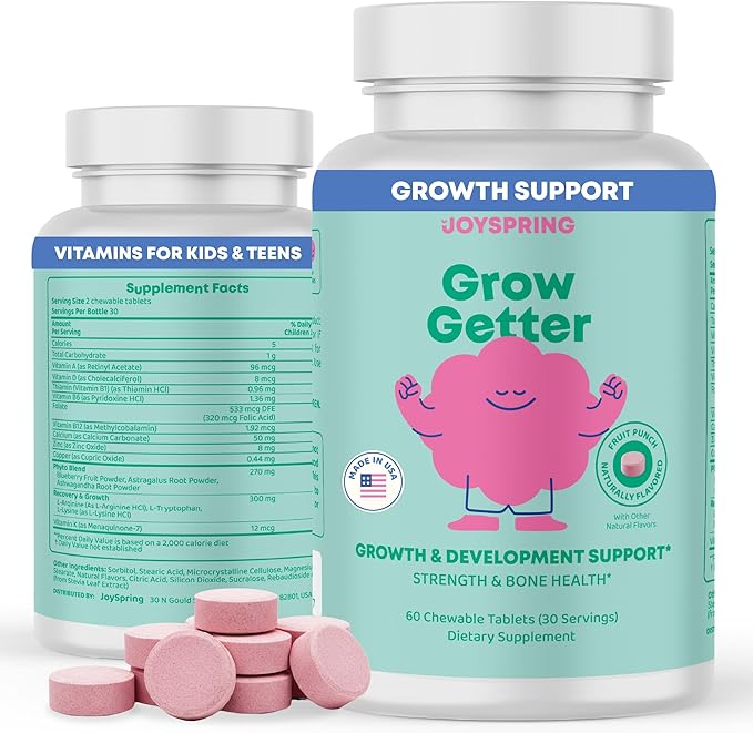 JoySpring Growth Vitamins for Teens &amp Height Support for Kids - Encourages Stronger Bones &amp Healthy Natural Growth - Sugar Free - L-Arginine L-Lysine Zinc Vitamin D &amp K2-30 Servings