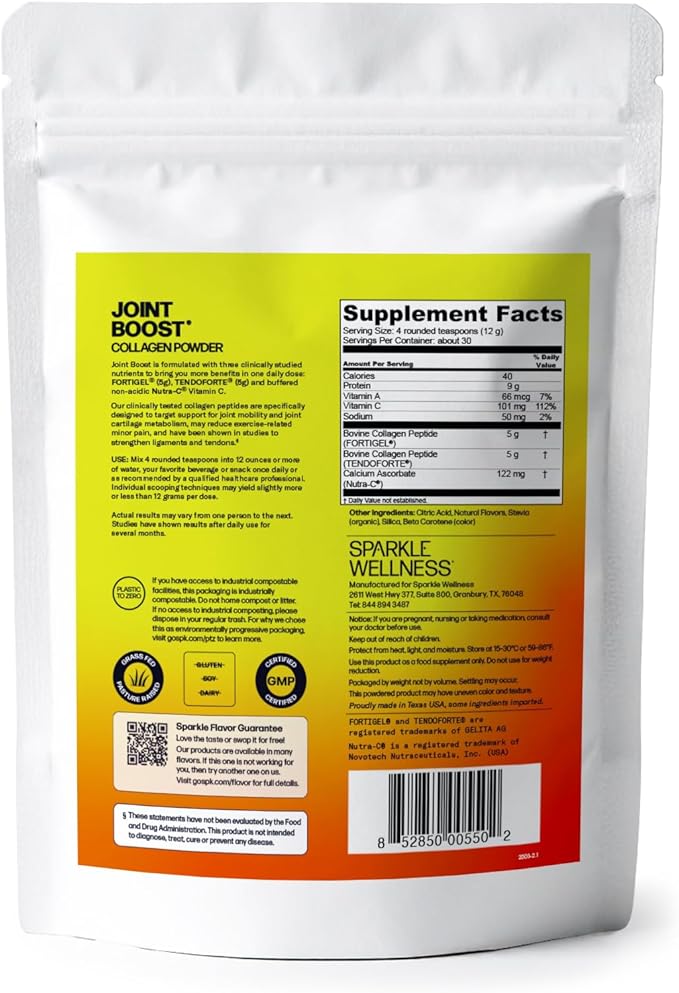 Sparkle Wellness FORTIGEL &amp TENDOFORTE Collagen Peptides | Collagen Powder with Calcium Ascorbate Vitamin C to Support Joint Mobility Tendon &amp Ligament Health | Joint Boost (Orange) [30-Serve