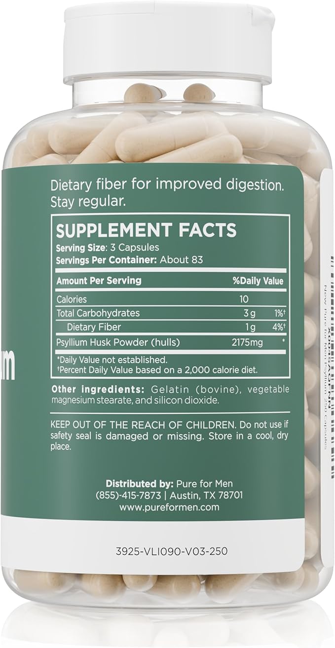 Daily Psyllium Husk Fiber Supplement by Pure for Men &amp Pure for Her | Digestive Regularity &amp Gut Health Support | Soluble Fiber Powder 2175mg Per Serving | 250 Capsules