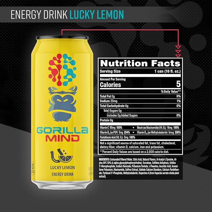 Gorilla Mind Energy Drink | Unmatched Energy · Amplified Focus | N-Acetyl-L-Tyrosine Alpha-GPC 200mg Caffeine Uridine Saffron | 0 Sugar Or Artificial Colors | 16oz 12-Pack (Lucky Lemon)