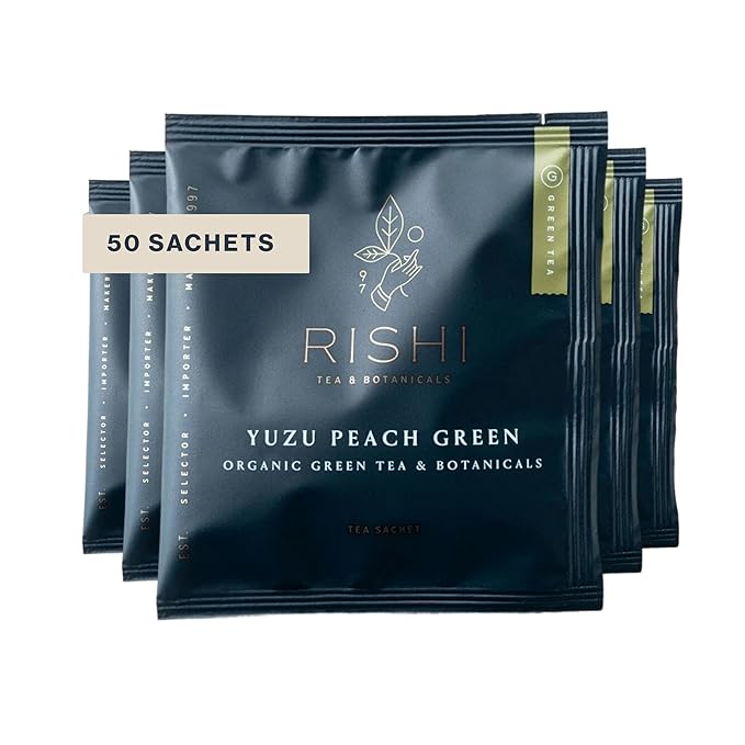Rishi Tea Yuzu Peach Green Tea - Organic Loose Leaf Green &amp Herbal Blend Naturally Sweet &amp Low Caffeine Enjoy Hot or Iced - 50 Count
