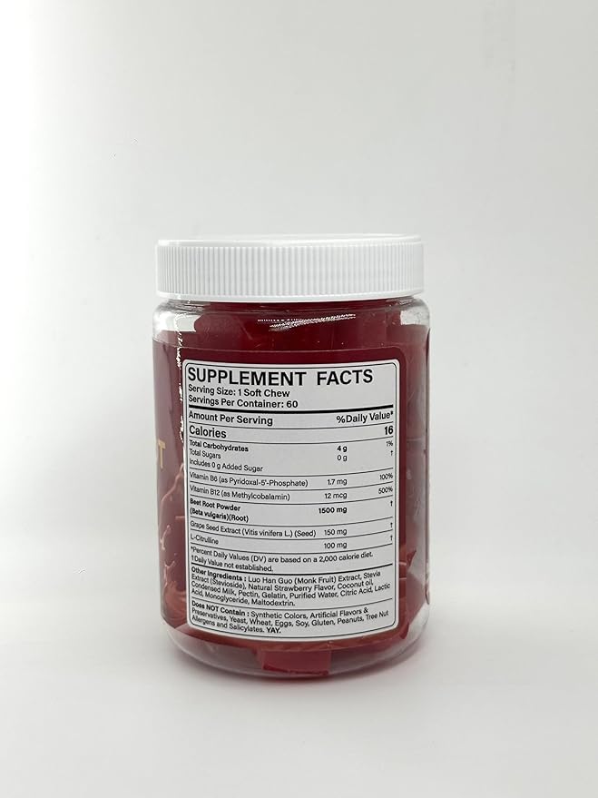 NEVISS Beet Héāŗt Chews 1500mg Nitric Oxide and Blood Préssũre Support 5 in 1 Beets Supplements w/Grape Seed L-Citrulline Vitamin B6 &amp B12 for Energy &amp Circulation Support 60 Chews Sugar