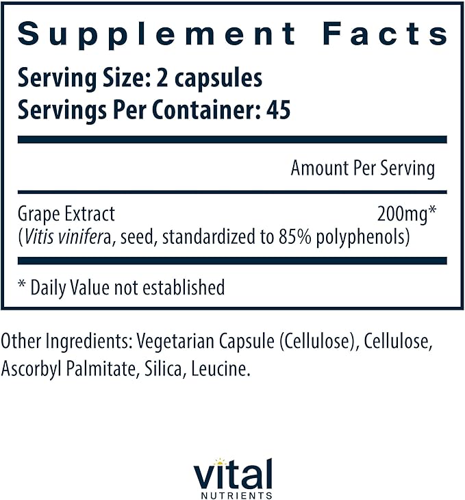 Vital Nutrients Grape Seed Extract 100mg - Potent Antioxidant and Support for Circulation Capillary and Vein Health - Gluten Dairy Soy Free - Non-GMO - 90 Capsules