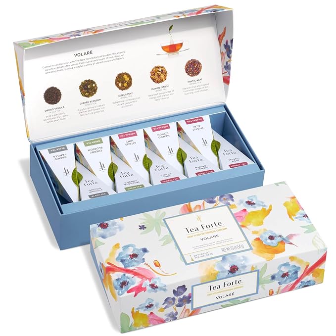 Tea Forte Premium Petite Presentation Box Gift Set Sampler 10 Count 2 of Each Blend Individually Wrapped Handcrafted Pyramid Infuser Bags Volare