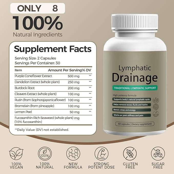 Lymphatic Drainage Capsules Cellulite Reduction Support with New Maximum Potency Formula Dandelion and Cleavers Extract -1PCS