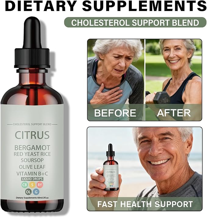 Red Yeast Rice DropsCholesterol Support Blend with Citrus Bergamot Red Yeast Rice Soursop Olive Leaf Vitamin B+CNon-GMO Natural Vegan 2 fl oz Dietary Supplement (Pack of 2)