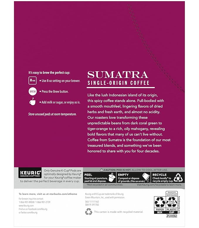 Starbucks Sumatra Single-Origin Coffee K-Cup Pods Dark Roast Ground Coffee with Earthy &amp Herbal Flavor 24 CT K-Cup Pods Per Box (Pack of 2 Boxes)