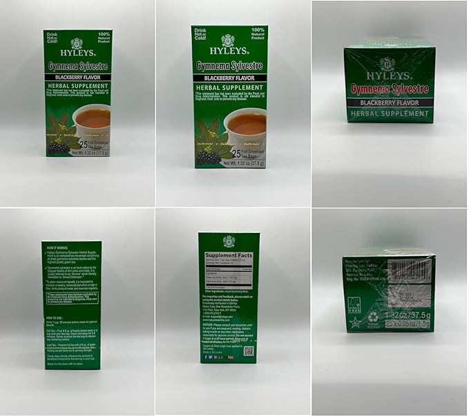 Hyleys Gymnema Sylvestre with Green Tea - Blackberry Flavor - 25 Tea Bags (6 Pack - 150 Tea Bags Total)