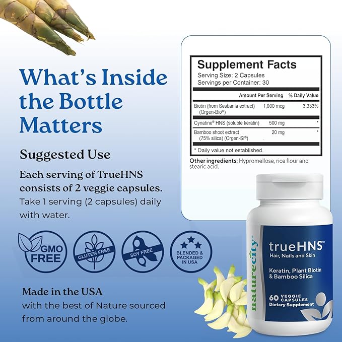 NatureCity True-HNS Hair Nails and Skin Cynatine Keratin and Plant Based Biotin Vitamin Supplement |Fuller and Stronger Hair and Nails|Non GMO| 120 Veggie Capsules