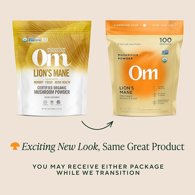Om Lion’s Mane Mushroom Powder - Organic Mushroom Supplement and Nootropic - Support Memory Focus and Nerve Health 7.05 oz (100 Servings)