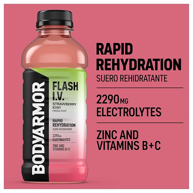 BODYARMOR Flash I.V. Electrolyte Beverage Strawberry Kiwi Hydration Drink with Coconut Water For Rapid Rehydration Post Workout Recovery 20 Fl Oz (Pack of 12)