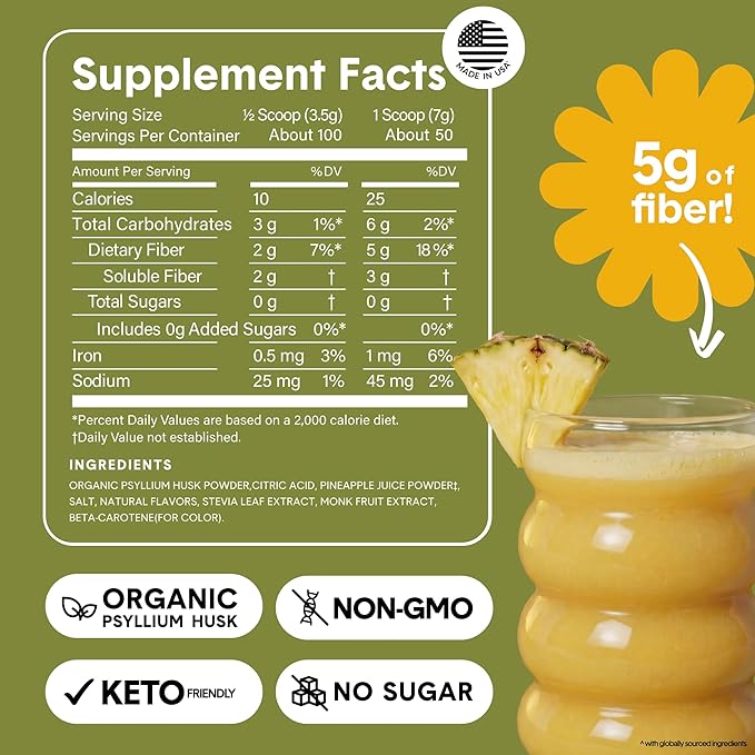 Bellway Super Fiber Powder + Fruit Sugar Free Organic Psyllium Husk Powder Fiber Supplement for Regularity Bloating Relief &amp Digestive Health Plant-Based Pineapple Passion Fruit (50 Servings)