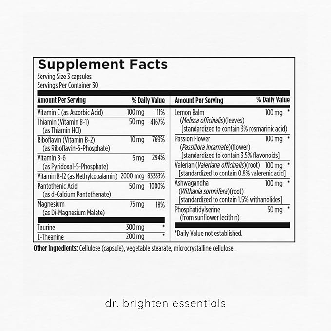Dr. Brighten Adrenal Calm — Ashwagandha B Vitamins Lemon Balm and Amino Acids for Stress Relief Better Sleep and Balanced Cortisol Non-GMO — 90 Capsules