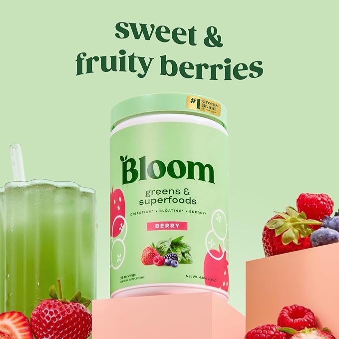 Bloom Nutrition Superfood Greens Powder Digestive Enzymes with Probiotics and Prebiotics Gut Health Bloating Relief for Women Chlorella Green Juice Mix with Beet Root Powder 25 SVG Berry