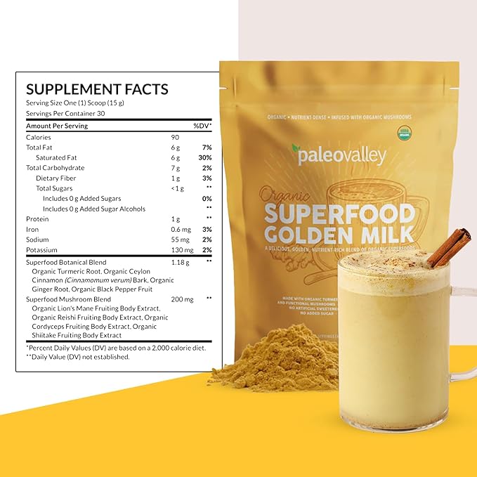 Paleovalley Organic Superfood Golden Milk - Immune Focus Cognitive Longevity - Turmeric MCT-Rich Coconut Milk Functional Mushrooms 30 Servings