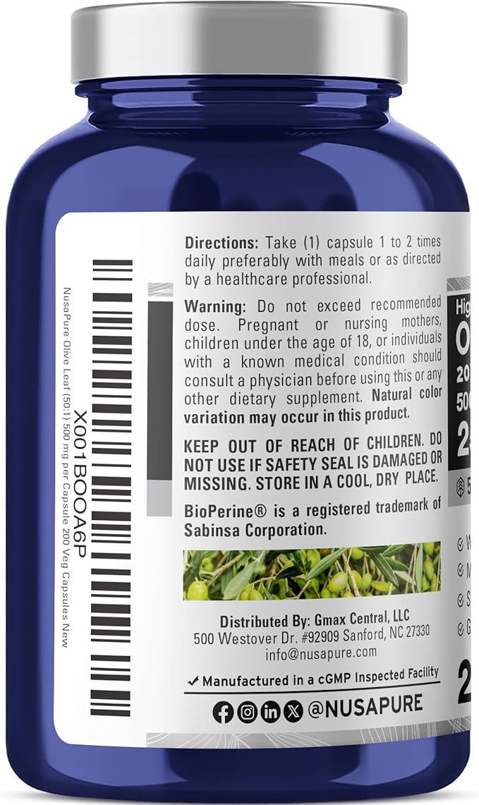NusaPure Olive Leaf 20% Oleuropein 50:1 Extract 500 mg Equivalent to 25000 mg 200 Veg Caps Suitable for Vegetarians and Vegans Non-GMO