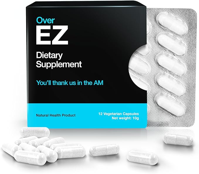 OVER EZ Pre-Drink Supplement - Party Recovery &amp Prevention Pills for a Night Out &amp Better Mornings (12 Capsules) &amp Milk Thistle Amino Acids Vitamin Bs