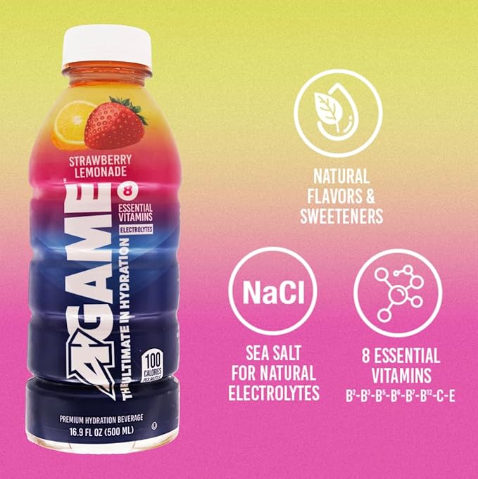 A-GAME Sports Drink Strawberry Lemonade The Ultimate Hydration Sports Beverage for Athletes 8 Essential Vitamins including B C &amp E plus Natural Sea Salt Electrolytes All Natural Flavors &amp