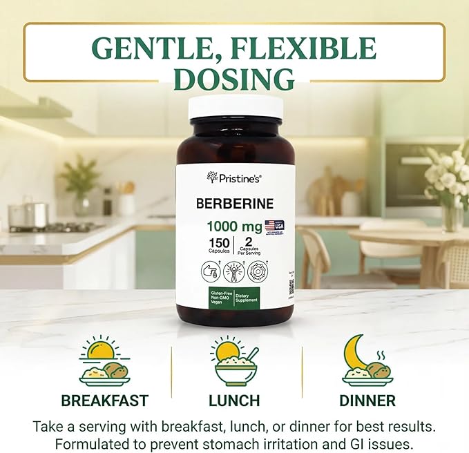 PRISTINE'S Berberine Supplement Capsules - 1000 MG 75 Day Supply 150 Capsules - Heart &amp Immunity Health Support Antioxidant - Digestive Tract &amp Healthy Gut Flora Support