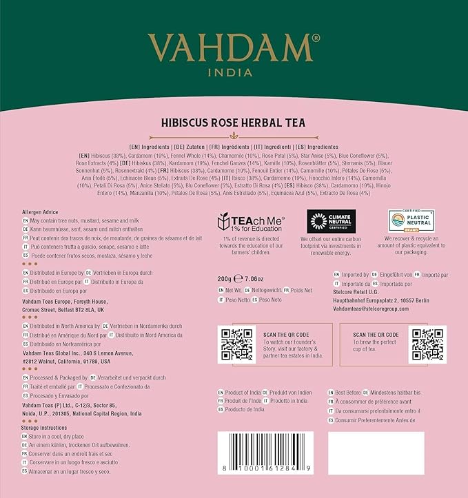 VAHDAM Hibiscus Rose Tea Bags - 100% Whole Hibiscus Flowers Herbal Tea Bags (100 Count) With Rose Chamomile &amp Exotic Spices | Caffeine Free Floral Flavor Tisane | Resealable Ziplock Pouch