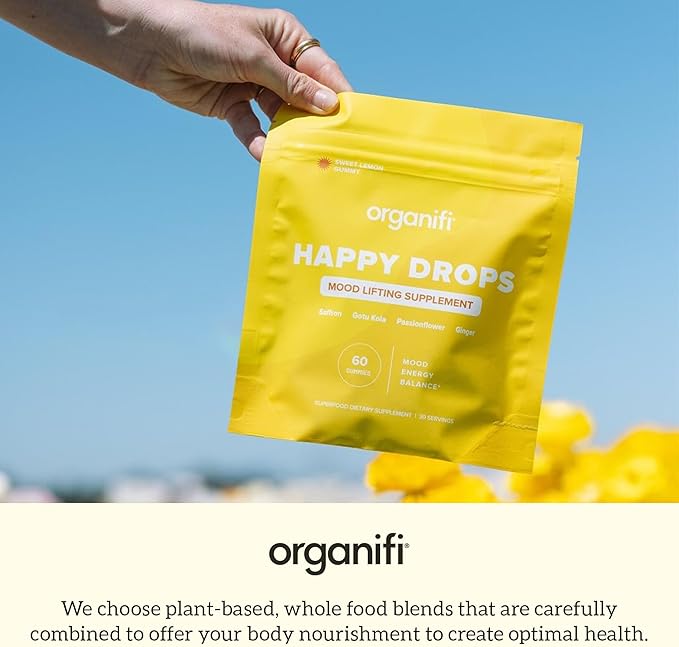 Organifi Happy Drops - Daily Superfood Happy Gummies for Adults - Mood Support Supplement for Balance Bliss Energy and Taking the Edge Off - Sweet Lemon Flavor - 60 Gummies