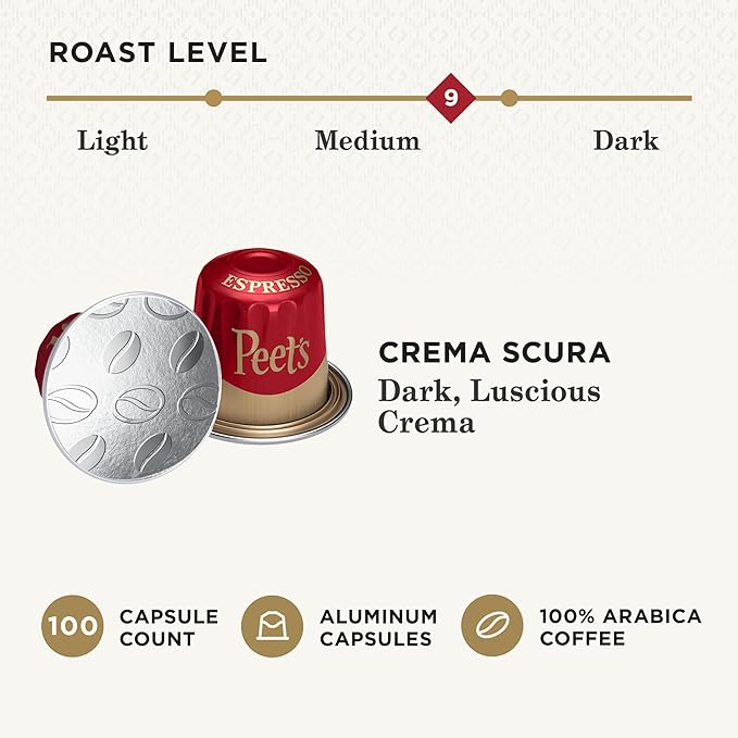 Peet's Coffee Medium Roast Espresso Capsules Compatible with Nespresso Original Machine - Crema Scura Intensity 9 100 Count (10 Boxes of 10 Espresso Capsules) (Pack of 2)
