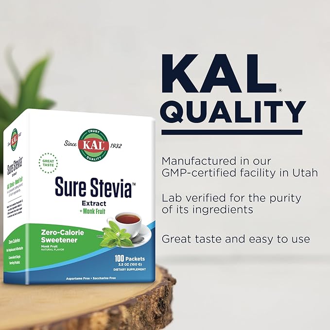 KAL Sure Stevia Plus Monk Fruit Sweetener - Great Tasting Zero Calorie Sugar Free Sweetener - Low Glycemic Perfect for a Keto Diet or Low Carb Diet 60-Day Guarantee 3.5oz 100 Single-Serve Packets