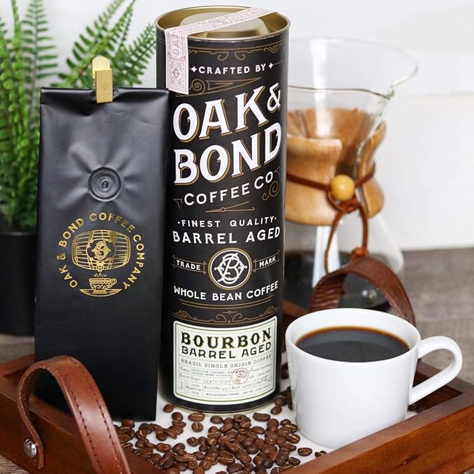 Oak &amp Bond Coffee Co. Bourbon Barrel Aged Coffee Brazil Single Origin Whole Bean Medium Roast - Chocolate Caramel Mandarin Orange Sweet Bourbon Flavors - 10oz
