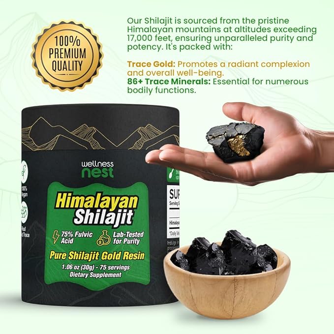Wellness Nest Gold Grade Pure Himalayan Shilajit Resin: Ultimate Potency for Men &amp Women - 24k Gold 75%+ Fulvic Acid Lab Test Report Included - 30g (1 Pack) 75 Servings