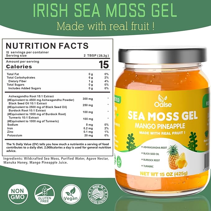 OALSE Mango Sea Moss Gel - Natural Irish Seamoss Gel with Ashwagandha Root Burdock Root Turmeric - Non-GMO Gluten-Free Vegan
