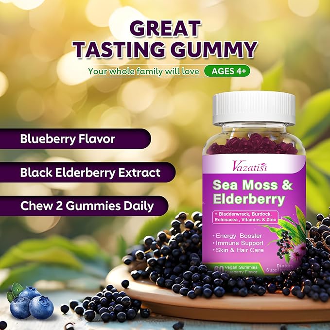 2 Pack Elderberry Gummies with Sea Moss Extra Strength Elderberry with Vitamin C Zinc for Immune Support for Adults Kids Women &amp Men Blueberry Flavor 120Cts