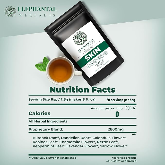 Elephantal Wellness Premium Skin Herbal Tea | Radiance &amp Clarity Support with Burdock Dandelion Calendula &amp Lavender | Non-GMO Caffeine-Free Handmade Loose Leaf Blend 2oz Loose Leaf 20 S