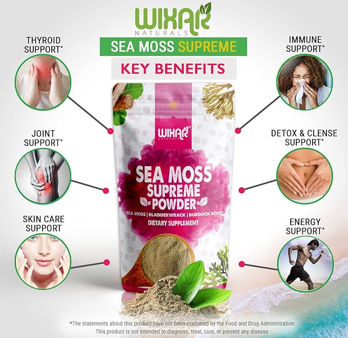 Wixar Wildcrafted Sea Moss Powder – (8 Ounces) – Natural Irish Sea Moss and Bladderwrack with Burdock Powder - Thyroid Support Healthy Skin Keto Detox Joint Support Alkaline Supplements