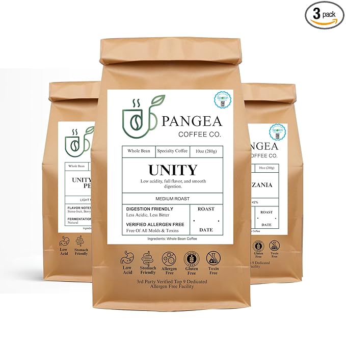 Pangea Coffee – Unity Medium Roast Whole Bean Coffee – 3-Pack (10oz Bags) – Roaster’s Choice – Low Acid Allergen-Free Small Batch Roasted