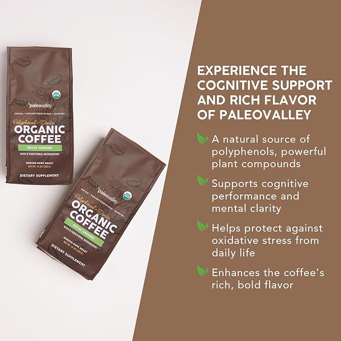 Paleovalley Organic Ground Coffee 10oz - Decaf Low Acid Single-Origin Polyphenol-Rich Infused with Mushrooms