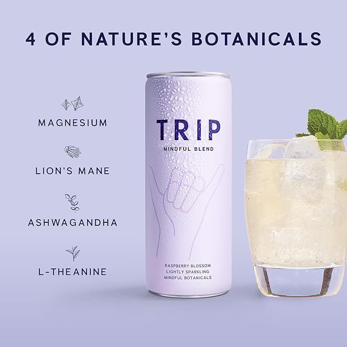 TRIP Lightly Sparkling Adaptogen Drink Non Alcoholic Drink with Magnesium Ashwagandha Lions Mane &amp L Theanine No Added Sugar Mocktail Vegan Raspberry Blossom 12 Oz 12Pk